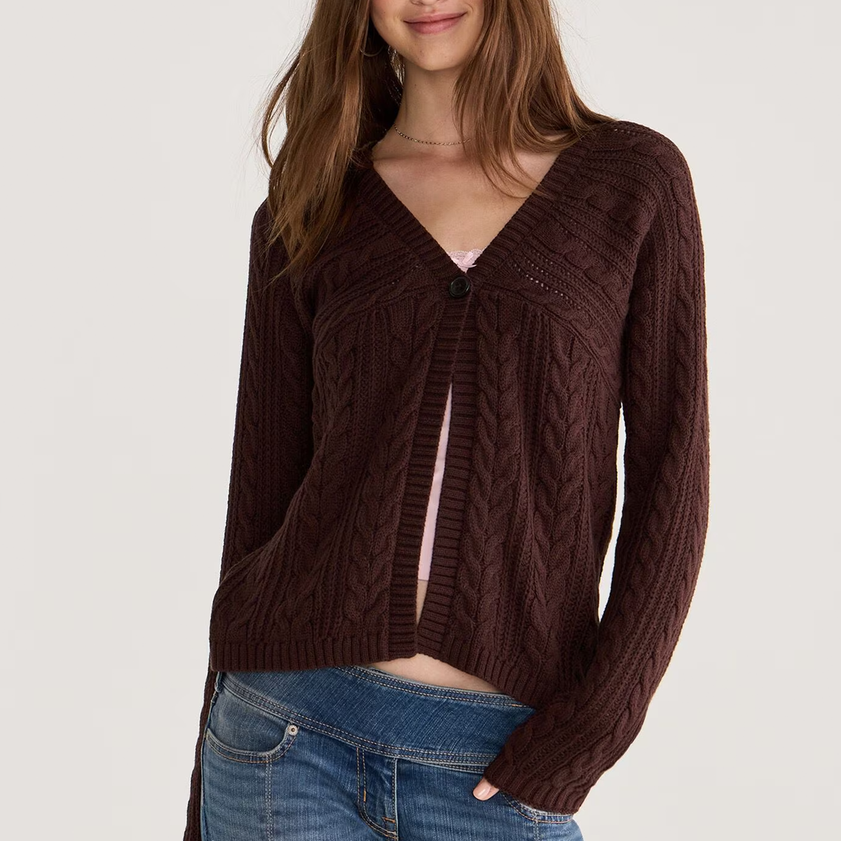 Brown Babydoll Single Button Cable Knit Cardigan