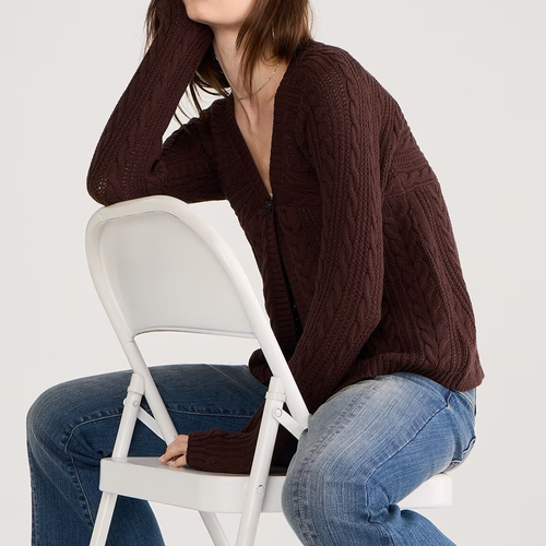 Brown Babydoll Single Button Cable Knit Cardigan