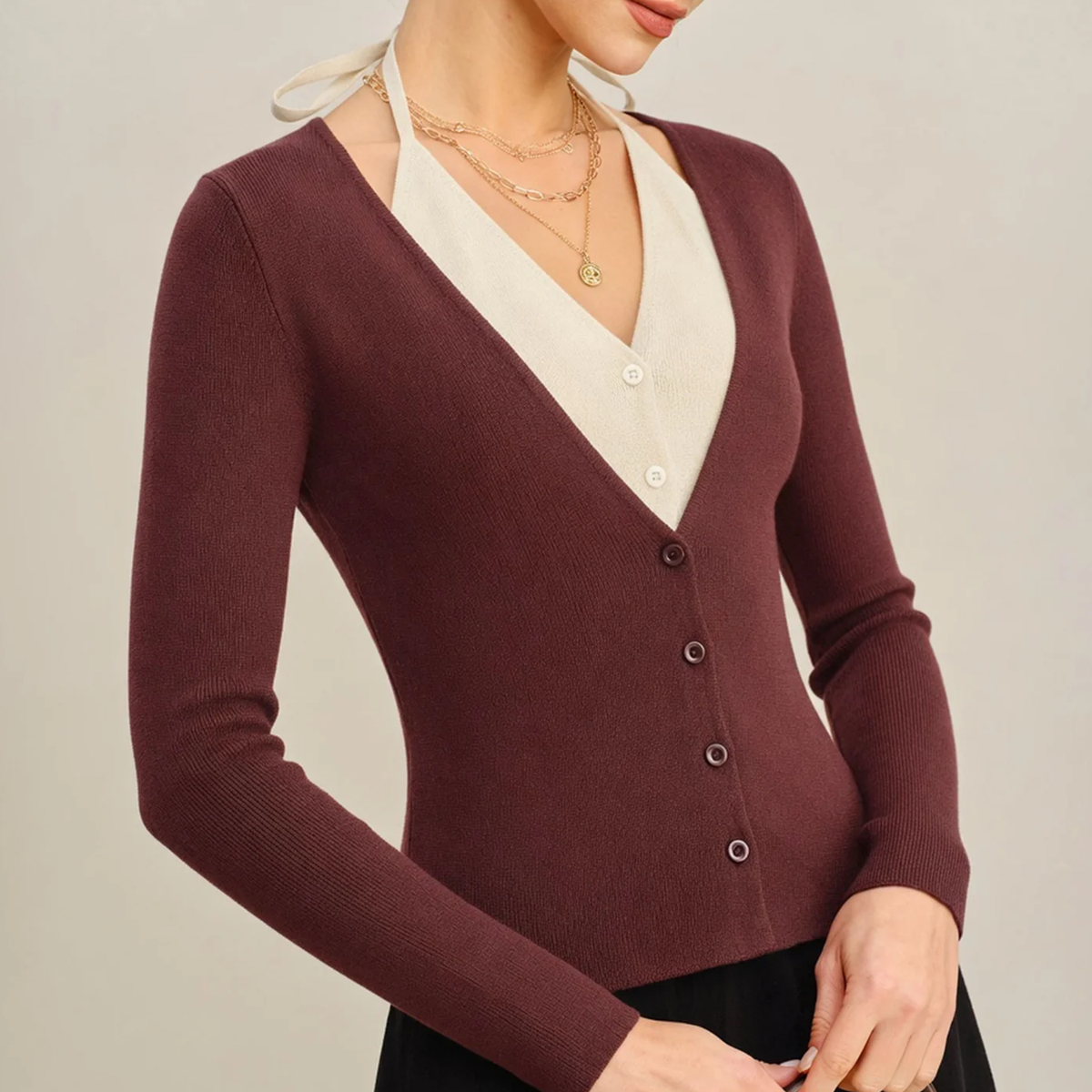 V-Neck Contrast Panel Button Knit Cardigan
