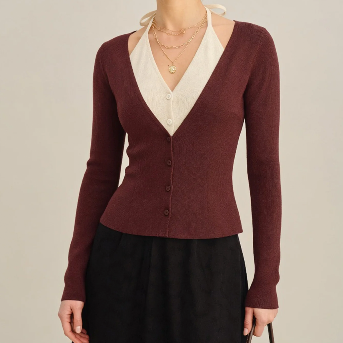 V-Neck Contrast Panel Button Knit Cardigan