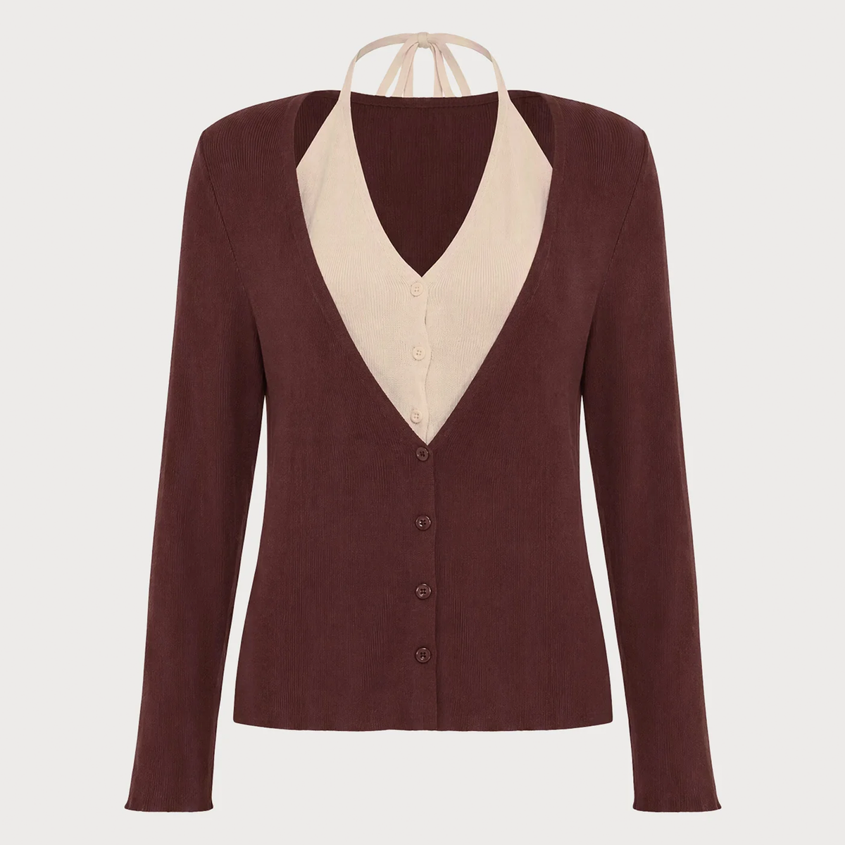 V-Neck Contrast Panel Button Knit Cardigan