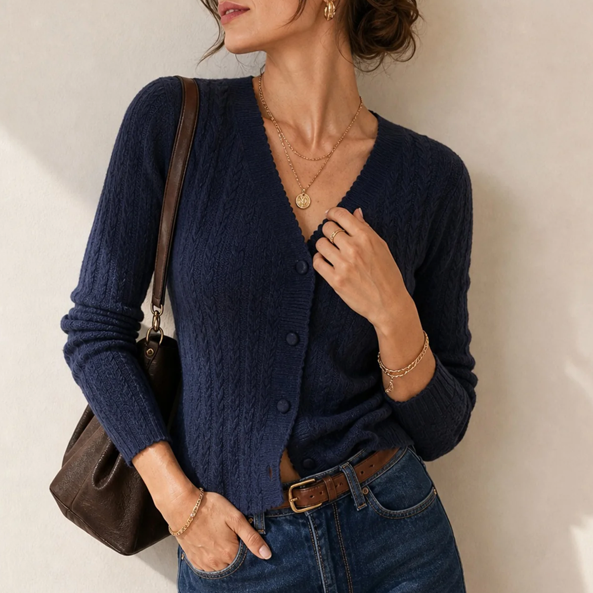 V-Neck Textured Slim Fit Knit Cardigan