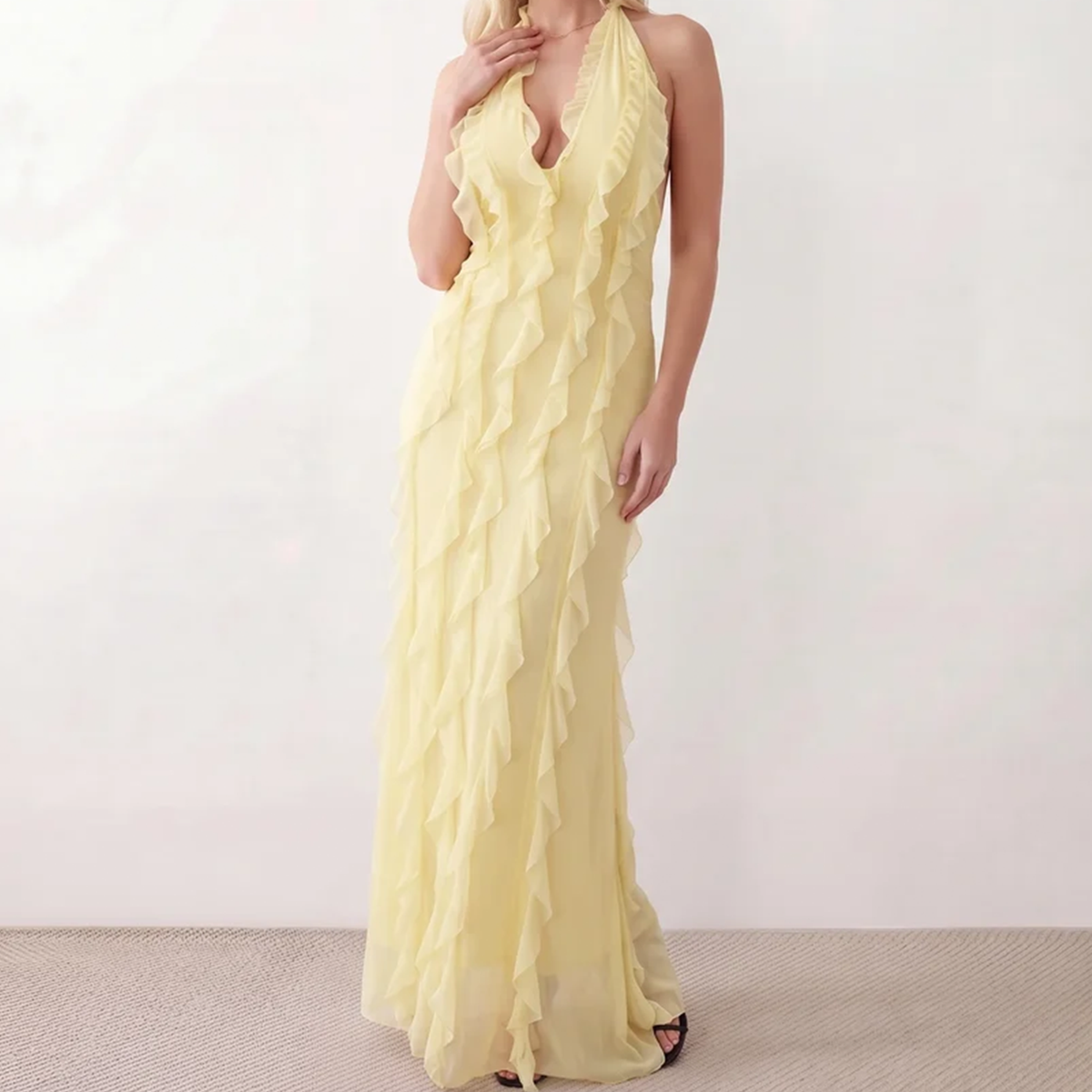 Halter Plunge Neck Ruffled Open Back Maxi Dress