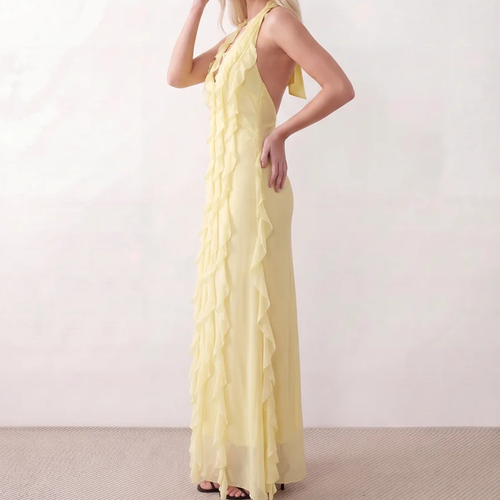 Halter Plunge Neck Ruffled Open Back Maxi Dress