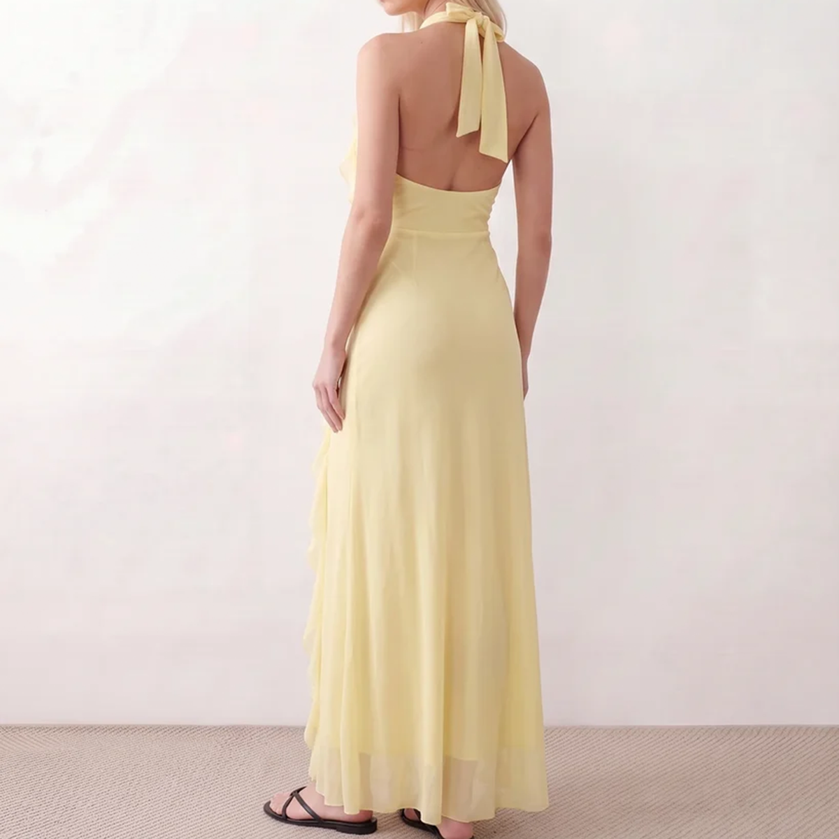 Halter Plunge Neck Ruffled Open Back Maxi Dress