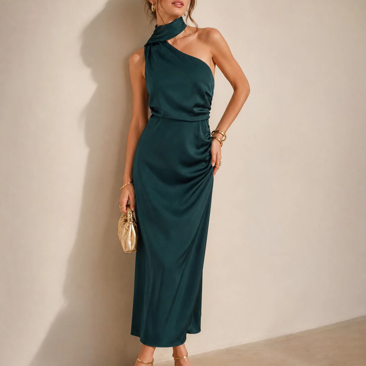 One Shoulder Tie Detail Solid A-Line Maxi Dress