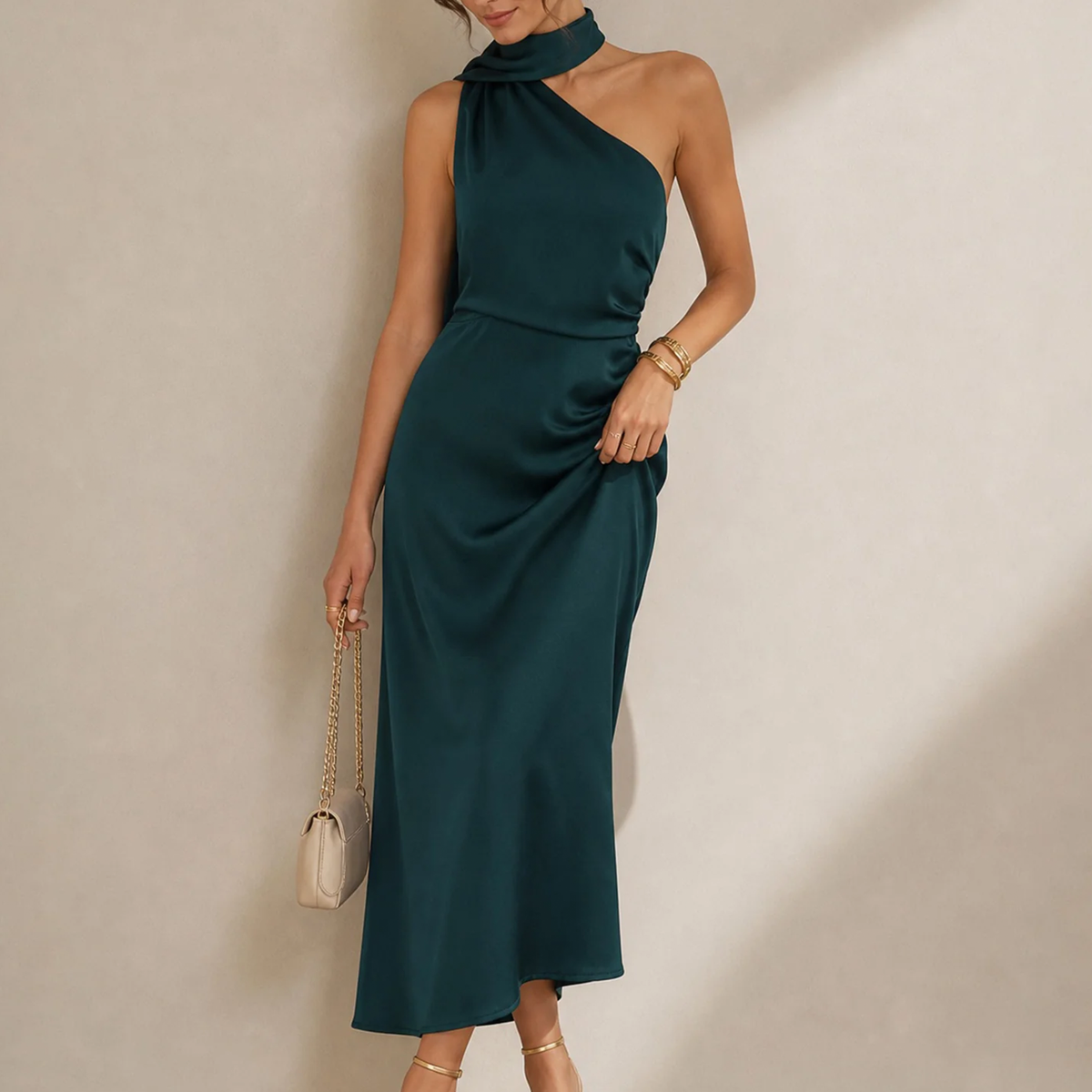 One Shoulder Tie Detail Solid A-Line Maxi Dress