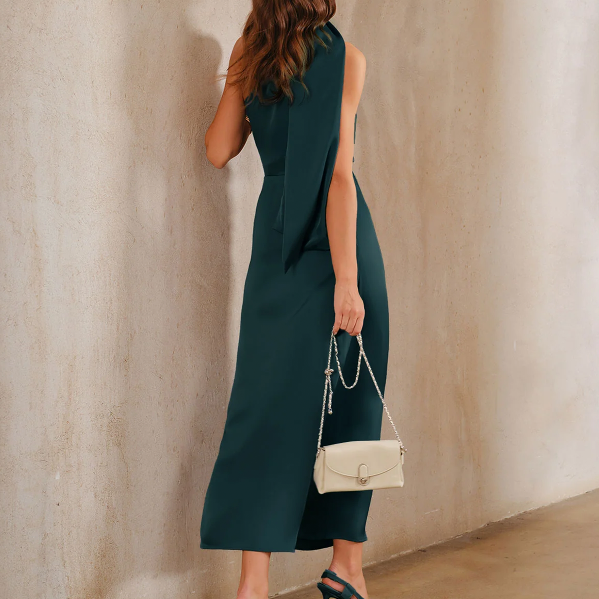 One Shoulder Tie Detail Solid A-Line Maxi Dress