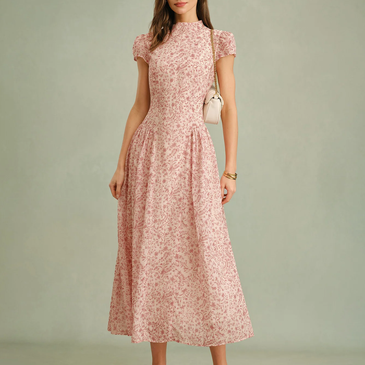 Mock Neck Cap Sleeve Floral A-Line Chiffon Maxi Dress