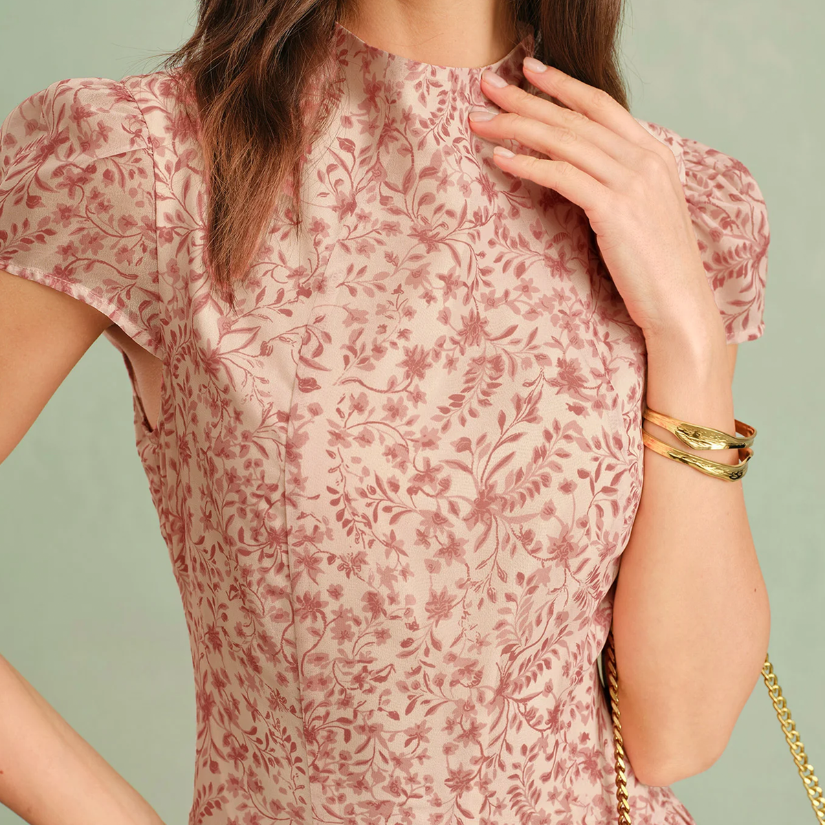 Mock Neck Cap Sleeve Floral A-Line Chiffon Maxi Dress