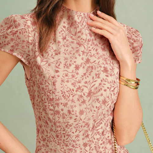 Mock Neck Cap Sleeve Floral A-Line Chiffon Maxi Dress