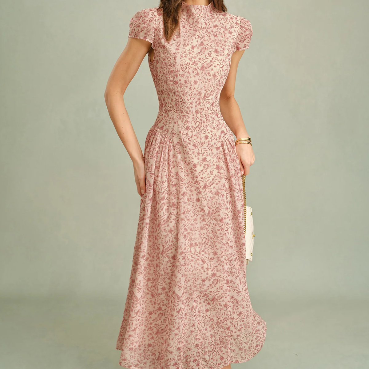 Mock Neck Cap Sleeve Floral A-Line Chiffon Maxi Dress