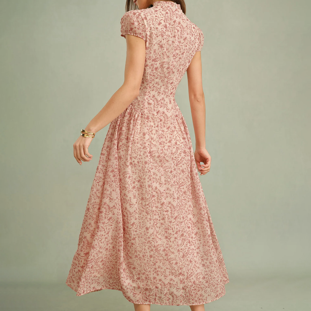 Mock Neck Cap Sleeve Floral A-Line Chiffon Maxi Dress
